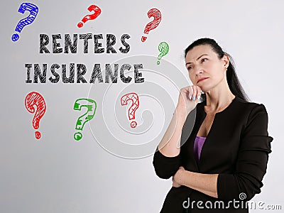 Financial concept meaning RENTERS INSURANCE question marks with phrase on the wall Stock Photo