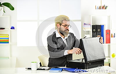 Financial concept. suitcase with money. good deal. modern life and business. corporate leather bag. mature man with case Stock Photo