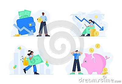 Financial concepts. Losing money from business failure, investment mistakes, debt problems, bankruptcy, inflation Vector Illustration