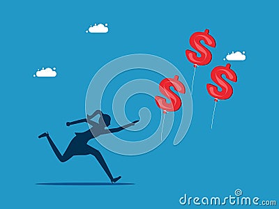 financial crisis. Businesswoman chasing escaped money balloons Vector Illustration