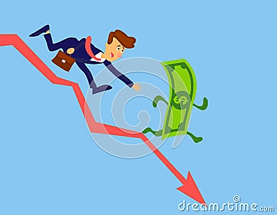 Financial crisis concept. Money loss. Money inflation vector design. Businessman chasing money. Stock crash cartoon illustration Vector Illustration