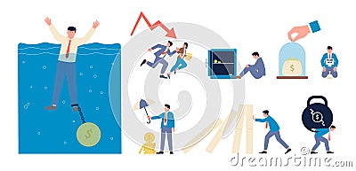Financial crisis. Economic bankruptcy, leader decline and business problems. Graphic push down, managers and finance Vector Illustration