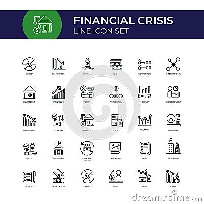 Financial crisis line icon set. Risk. Finance concept. Bankrupt business icons set. Can be used for topics like Vector Illustration