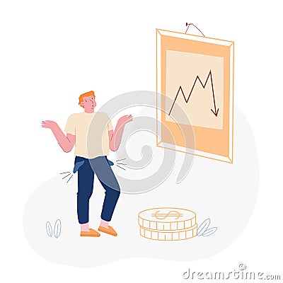 Financial Crisis, Risk and Depreciation Concept. Depressed Business Man with Empty Turned Out Pockets Vector Illustration