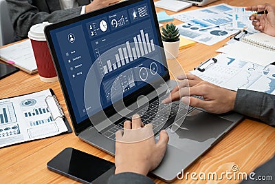 Financial dashboard data display on laptop screen. Concord Stock Photo