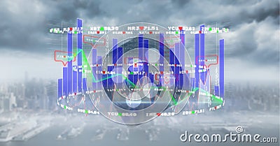 Financial data and graphs over dice against city, finance and economy concept Stock Photo