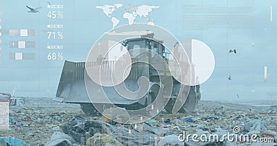 Financial data processing against bulldozer working on landfill with birds in the sky Stock Photo