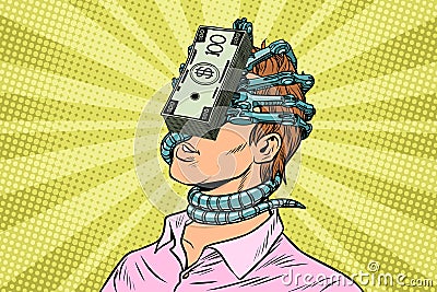 Financial dependence, a man with money parasite on the face Vector Illustration