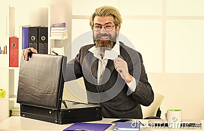 Financial director with briefcase. Commercial offer. Business consulting. Experienced director. Confident lawyer with Stock Photo
