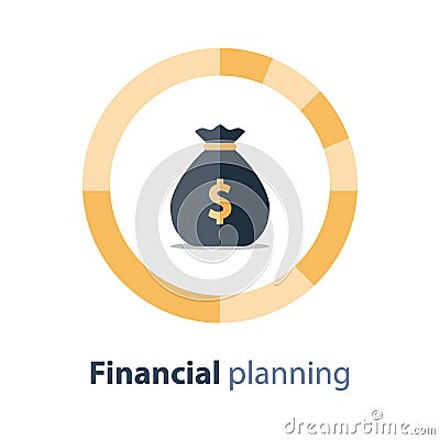 Financial diversification, budget plan, circle diagram, money bag, savings account, vector icon Vector Illustration