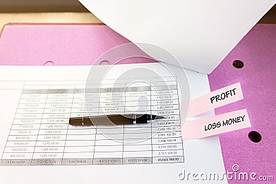 Financial document table with pen and text profit with loss money Stock Photo