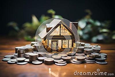 Financial dreams Money and house model on wooden background, banking concept Stock Photo
