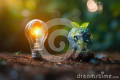 Financial ecology Light bulb, globe, and small tree symbolize business energy Stock Photo