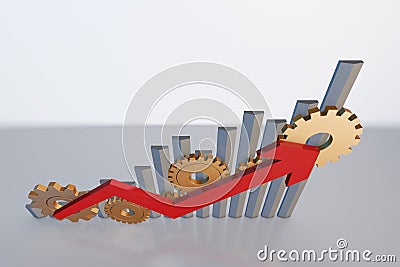 Financial wealth cooperation and accumulation, economic improvement, histogram arrow and gear Stock Photo