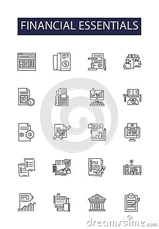 Financial essentials line vector icons and signs. Investments, Savings, Banking, Budgeting, Insurance, Creditors Vector Illustration