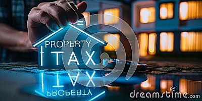 Financial Expert Analyzes Property Tax Implications Using Interactive Virtual Display with Focused Home Icon Stock Photo
