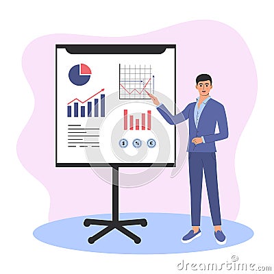 Financial expert giving a presentation. Business man with pen standing at the blackboard with graphs, curves and infographics Vector Illustration