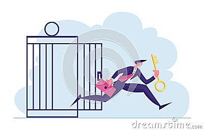 Financial Freedom Concept. Businessman with Golden Key Get Out of Metal Cage. Business Man Escape Limitations Vector Illustration