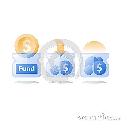 Financial fund, glass jar full of coins, savings account, return on investment, long term money deposit, capital growth Vector Illustration