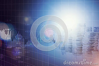Financial futuristic blue charts and graphs and coins stack background Stock Photo