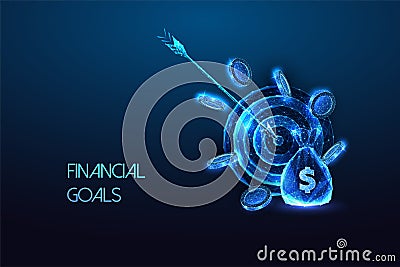 Financial goals, savings strategy, budgeting futuristic concept with money bag and target on blue Vector Illustration