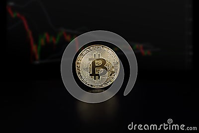 Financial growth concept with golden Bitcoin ladder on forex chart background. Isolate on black Stock Photo