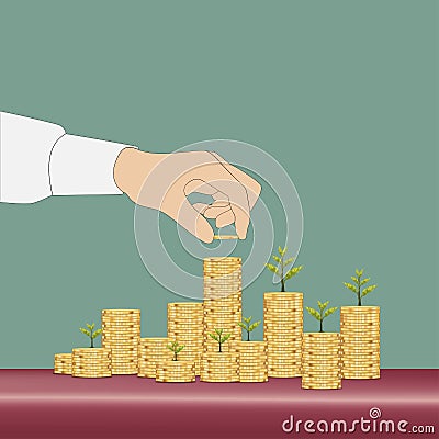 Financial growth concept with stacks of golden coins with young tree glowing on the top, Vector 3D Hand putting coin to money Vector Illustration