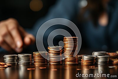 Financial growth male hand stacks coins, symbolizing saving money concept Stock Photo