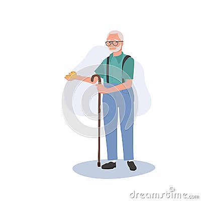 Financial Hardship concept. Poor Elderly man Managing Money Shortage. Senio man with Coin in Hand Vector Illustration