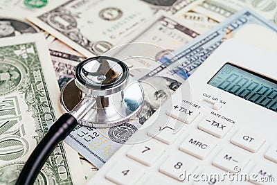 Financial health check, tax or medical and health care expense concept, stethoscope put on FED federal reserve emblem on US dollar Stock Photo