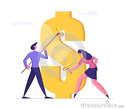 Financial Independence, Creation of Capital and Wealth Concept. Businesspeople with Rollers Painting Huge Dollar Sign Vector Illustration