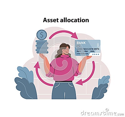 Financial independence, FIRE concept. Young woman allocate her budget. Vector Illustration