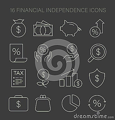 Financial Independence icons set. Essential assets and investments guide. Vector Illustration