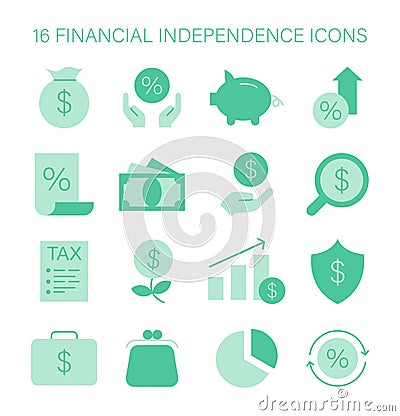 Financial Independence icons set. Essential assets and investments guide. Cartoon Illustration