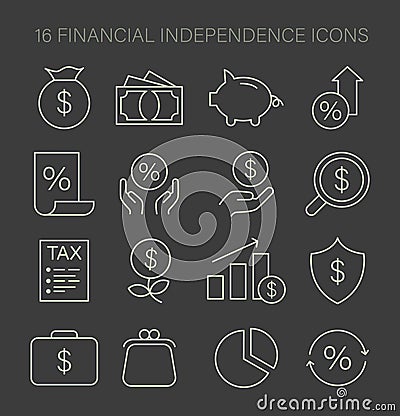 Financial Independence icons set. Essential assets and investments guide. Cartoon Illustration