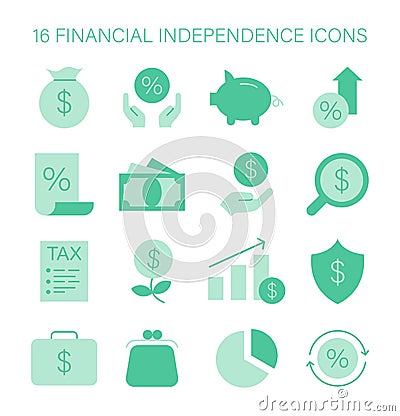 Financial Independence icons set. Essential assets and investments guide. Vector Illustration