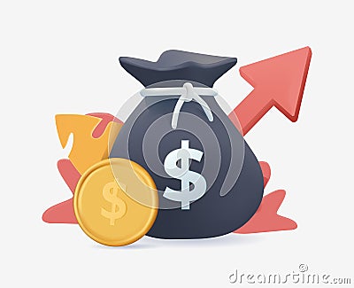 Financial independence with sack of money golden coin and dollar symbol 3d icon vector illustration. Richness, savings. Vector Illustration