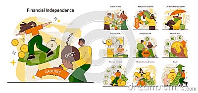 Financial independence set. Steps to wealth, managing debt, and smart savings. Vector Illustration