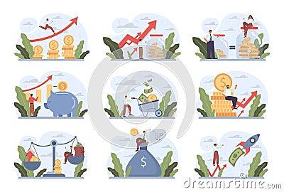 Financial inflation concept set. Growing up prices for goods and value Vector Illustration