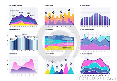 Financial infographic. Business bar graph and line histogram, economic diagram and stock chart. Marketing infographics Vector Illustration