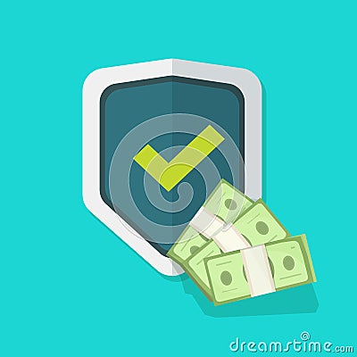 Financial insurance guarantees money protection shield icon vector, cash investment secure safety care warranty flat Vector Illustration