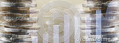 Financial investment and business concept for double exposure of graph and rows of coins. Stock Photo