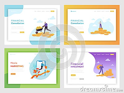 Financial Investment Business Success Landing Page Template. Mobile Marketing Strategy Concept with Characters and Money Vector Illustration