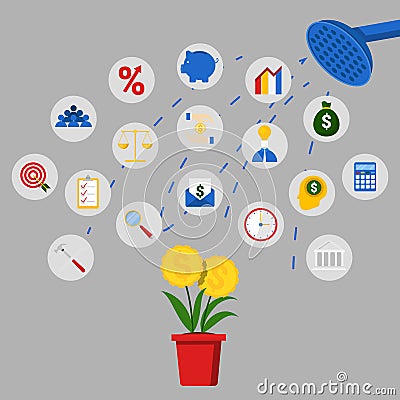 Financial Investment and Savings Concept with Shower and Money Tree Vector Illustration