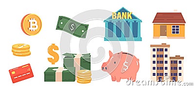 Financial Items Bank and Realty, Cryptocurrency, Credit Card, Piggy Bank, Banknote and Coins Cartoon Vector Illustration Vector Illustration