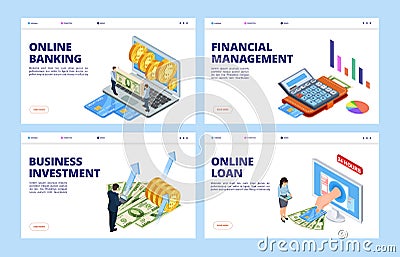 Financial landing page. Business and finance vector banners template, online banking, financial management, investment Vector Illustration