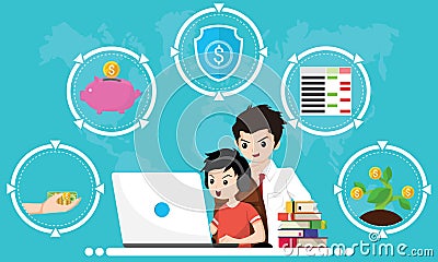 Financial literacy course for kid concept. Design by Boy use laptop and consult his father for learning of cash reserves, savings Vector Illustration