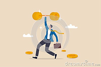 Financial literacy or investment advisor, wealth management concept, strong businessman lifting heavy money coin weights Vector Illustration