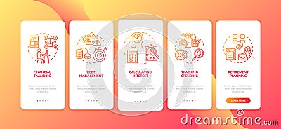 Financial literacy objectives onboarding mobile app page screen with concepts Vector Illustration