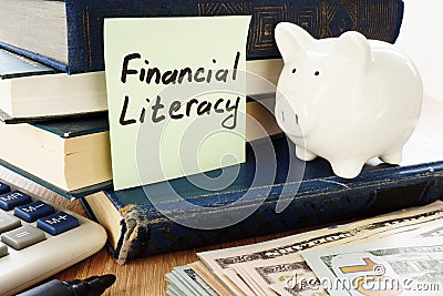 Financial Literacy written on a stick and piggy bank as savings symbol. Stock Photo